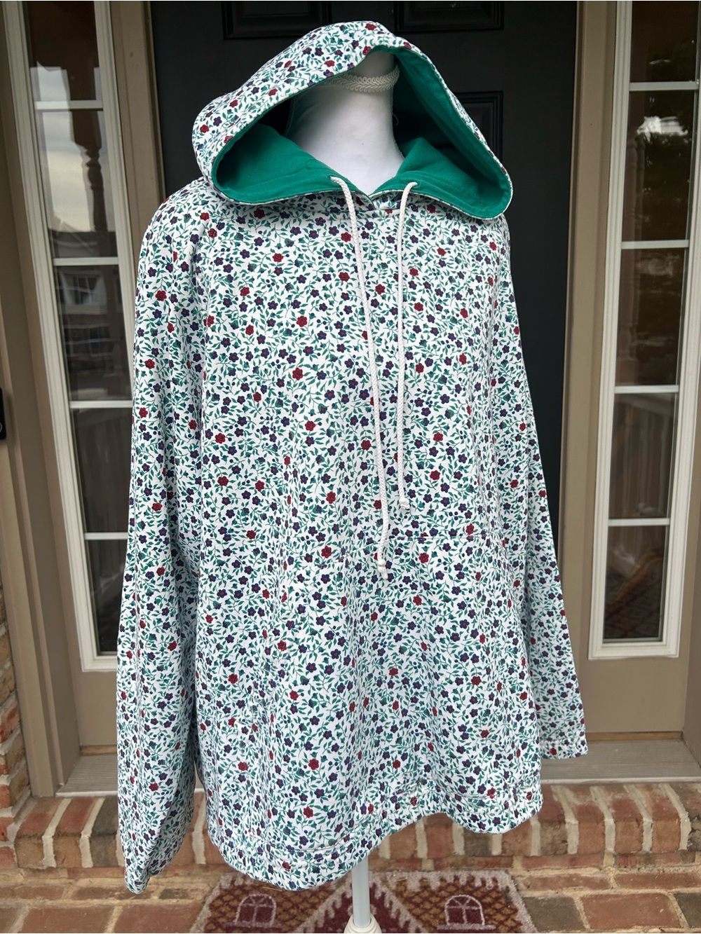 Vintage 90s y2k Northern Reflections White Floral Print Hoodie Teal Lined Hood L